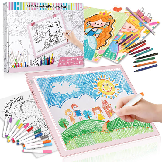LED Drawing Tablet Kits Pink - 15" Light Board for Diamond Painting Accessories, Best Birthday, Holiday Gifts Toy for Kids Girls 3,4,5,6,7,8,9,10,11,12 Year Old, Back to School Art Travel Essentials