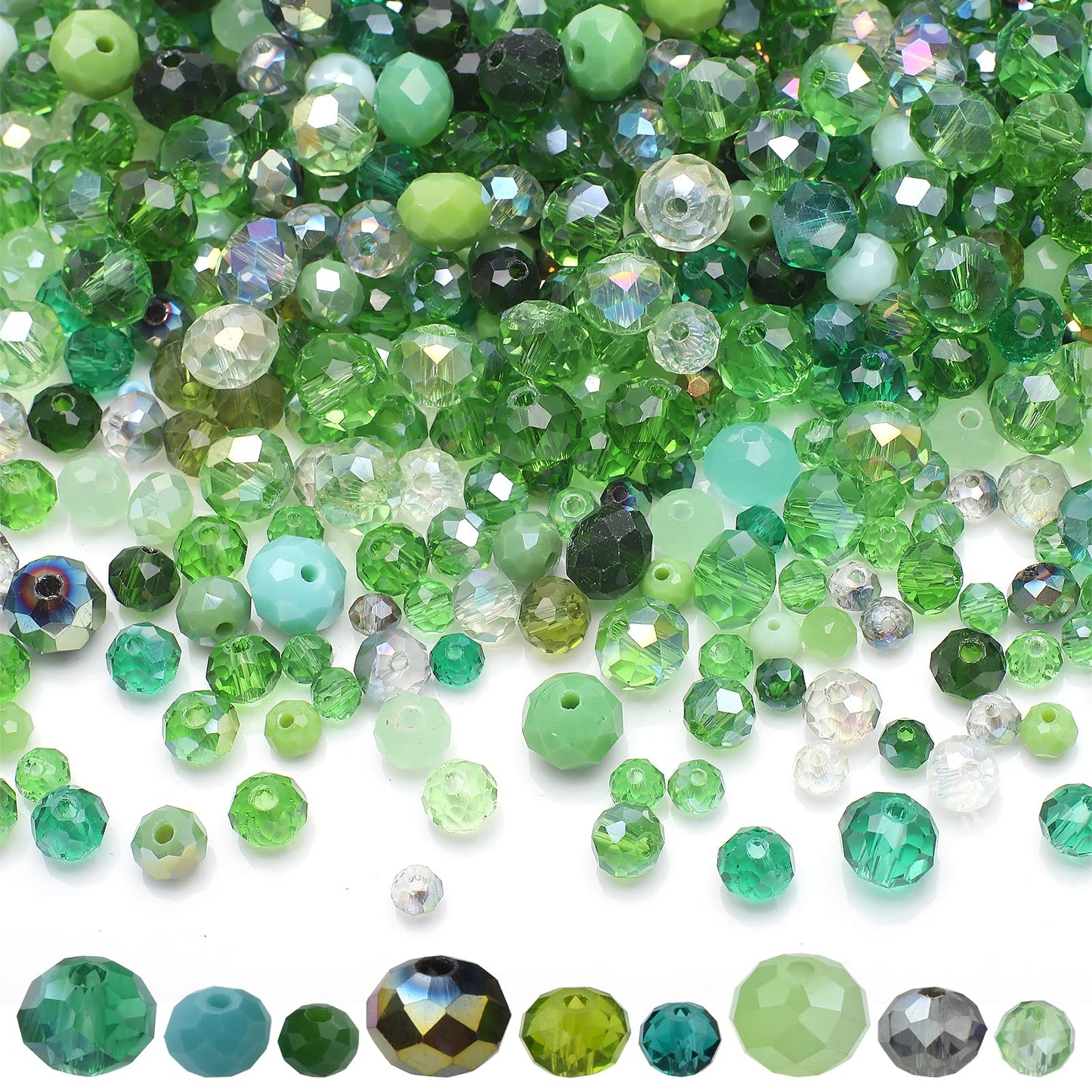 KINGSHINE Briolette Crystal Glass Beads for Jewelry Making,1000pcs 4/6/8mm Faceted Rondelle Green Beads Assorted Round Shaped Spacer Bead for DIY Crafts Bracelets