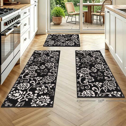 LOKHOM Boho Kitchen Rugs Sets of 3-Non Slip Stain Resistant Kitchen Mats for Floor, Paisley Floral Runner Carpet for Hallways Entryway Laundry Washable (Black & White 20"x32"+20"x48"+20"x59")
