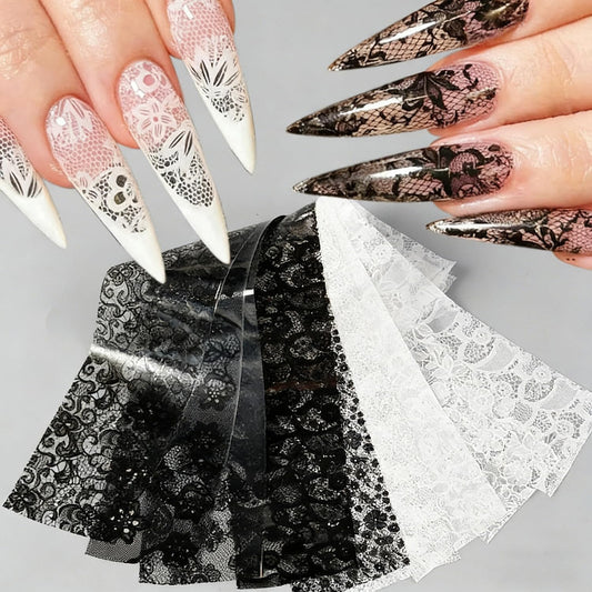 10 Sheets Lace Flower Nail Art Foil Transfer Stickers Black White Lace Nail Foils Transfer Nail Art Flowers Nail Supplies Decals Acrylic Nail Decorations for Women DIY Manicure Art Accessories