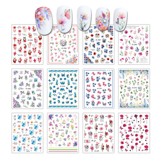 12 Sheets Butterfly Flower Nail Stickers for Nail Art, Colorful Flower Nail Decals,Flower 3D Self-Adhesive Nail Art Stickers Design for Women DIY Manicure Decoration YX1230