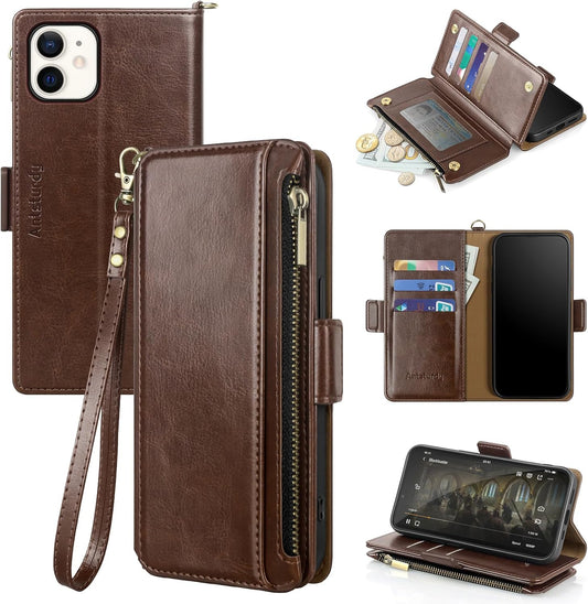 Antsturdy 11 11 6.1",Coffee Compatible with iPhone Wallet Case,RFID Blocking PU Leather Phone Case Women Men Flip