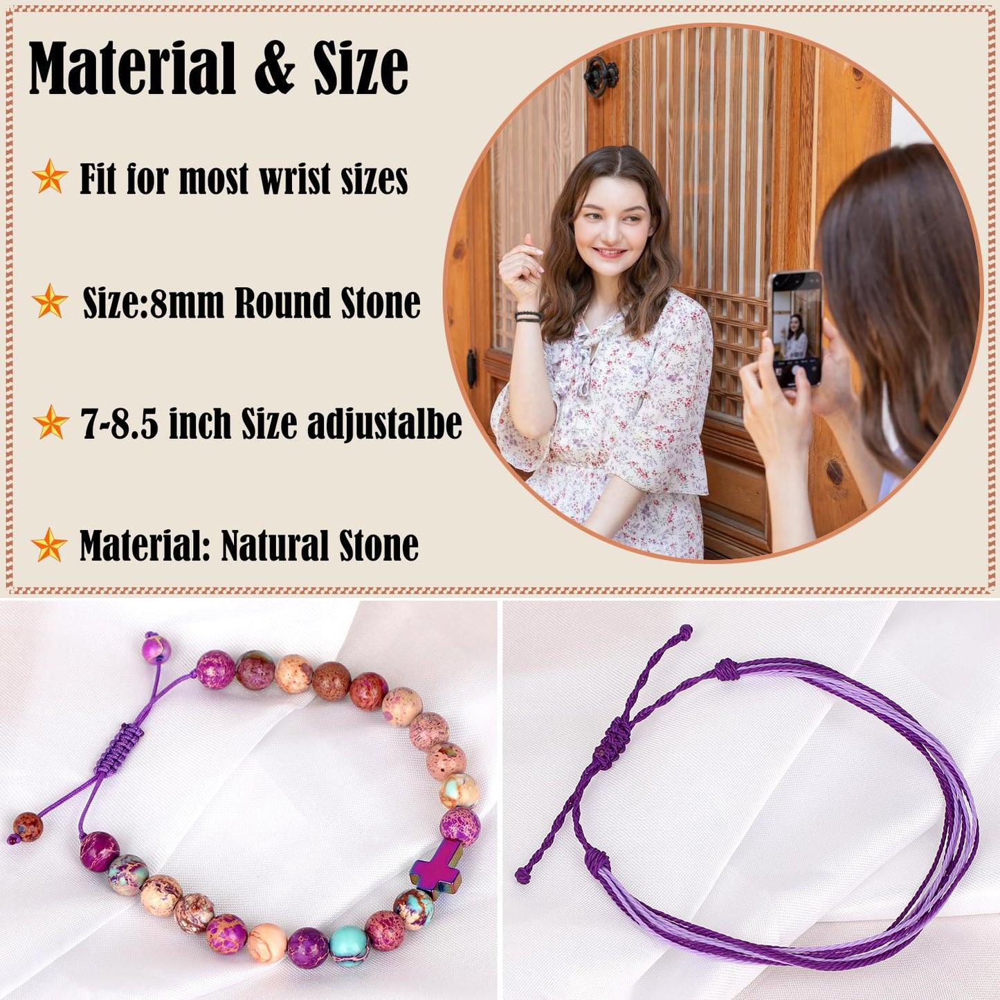 LPBeads 8mm Natural Imperial Jasper Corss Charm Bracelet with Handmade Rope Bracelet Size Adjustable Natural Stone Crystal Healing Bracelets Gifts for Women Girls