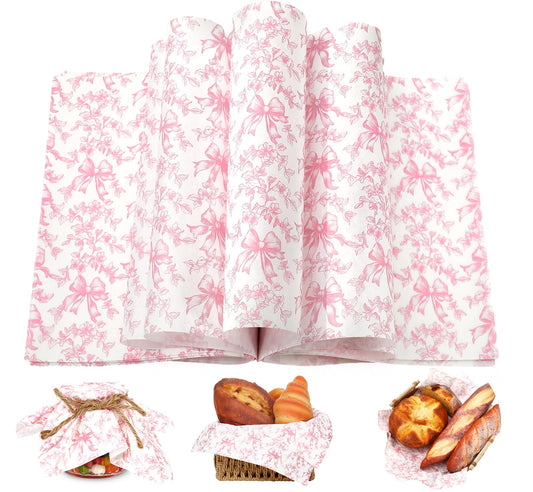 AnyDesign 150Pcs Pink Floral Bow Wax Paper Deli Paper Sandwich Wrap Tissue Vintage Chinoiserie Flower Bow Waterproof Oil-Proof Picnic Liner for Home Party Kitchen, 9.8 x 8.3 Inch