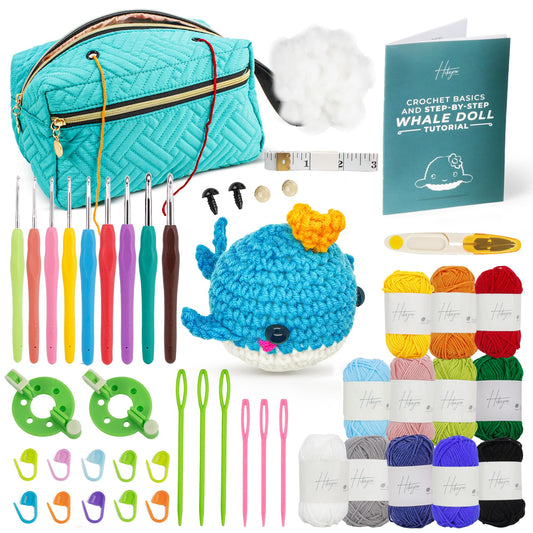 Hikiyose Crochet Kit for Beginners Adults - Crochet Accessories with 12 Soft Crochet Yarn Set, 9 Hooks, Storage Bag, Blue Whale Video Tutorial - Easy Crochet Kit for Beginners Kids, Hobbies for Women