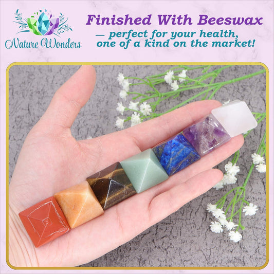 Uorbeay NatureWonders All Natural 7 Chakra Stone Set (Pyramid) with Engraved Symbols (Gift Box, Information Brochure & Pouch) - Healing Crystals, Balancing, Tumbled Palm Stone, Touchstone, Meditation