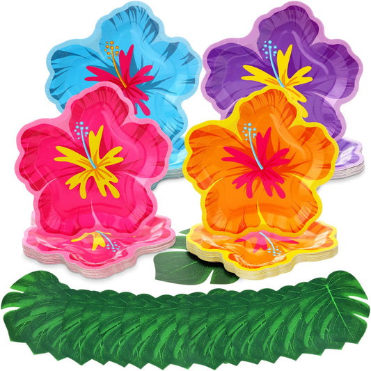 Motipuns 200 Pcs 9.05" Hibiscus Floral Paper Plates Bulk and Artificial Palm Leaves Luau Hibiscus Flowers Disposable Paper Plate Tropical Leaf Placemat Summer Hawaiian Safari Party Supplies Decoration