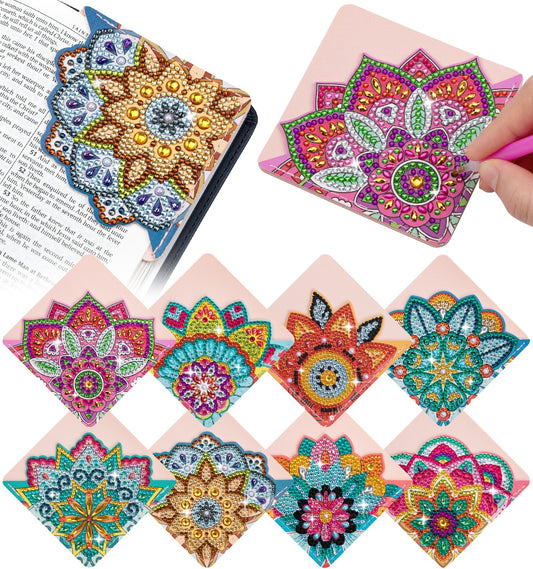 ALKALO 8 PCS Diamond Art Bookmarks, 5D DIY Corner Bookmarks for Adults & Kids, Leather Material for Book Lovers