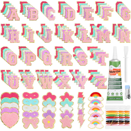 Mckanti 160 Pcs Chenille Patches and Fabric Glue for DIY Clothing, Include 130 A-Z Letter Patches, 30 Cute Patches and 1 Fabric Glue for Clothes, Backpacks, Bags