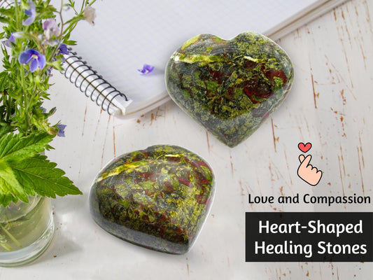 Amazing Gemstone Dragon Bloodstone Crystal Heart Palm Stone - Pocket Massage Worry Stone for Natural Body Chakra Balancing, Reiki Healing and Crystal Grid
