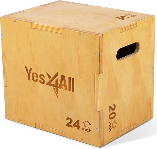Yes4All Plyo Box, 3-in-1 Wooden Box Jumps for Home Gym (12/14/16?¯in), 450 lbs Boxes Step Up with Smooth Edges & Wide Built-in Handles for Jumping, Strength Training, Lunges, Squats, Dips