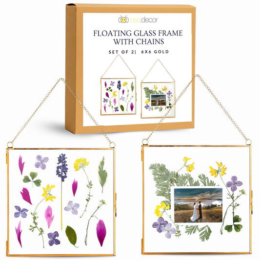Glass Frame for Pressed Flowers, Leaf and Artwork - Hanging Gold 6x6 Square Metal Picture Frames, Clear Double Glass Floating Frame, Wall Decor Photo Display, Set of 2 Flower Press Frames with Chain