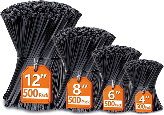 ANOSON Sizes(4+6+8+12), 2000 Pack, Zip Ties Assorted Black Cable Ties, UV Resistant Wire Ties by