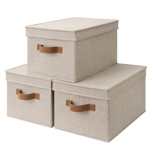 StorageWorks Fabric Storage Bins with Lids, Decorative Storage Bins with PU Handles, Foldable Storage Baskets for Closet, Shelves, Stackable and Sturdy Organization, Brown and Beige, Large, 3-Pack