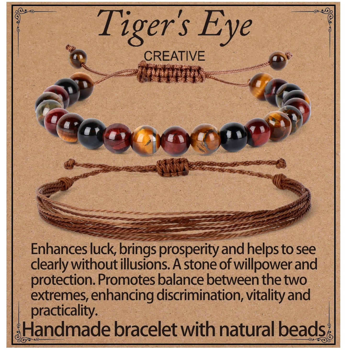 LPBeads 8mm Multicolor Tiger's Eye Bracelet with Handmade Rope Bracelet Size Adjustable Natural Stone Crystal Healing Bracelets Gifts for Unisex Adults