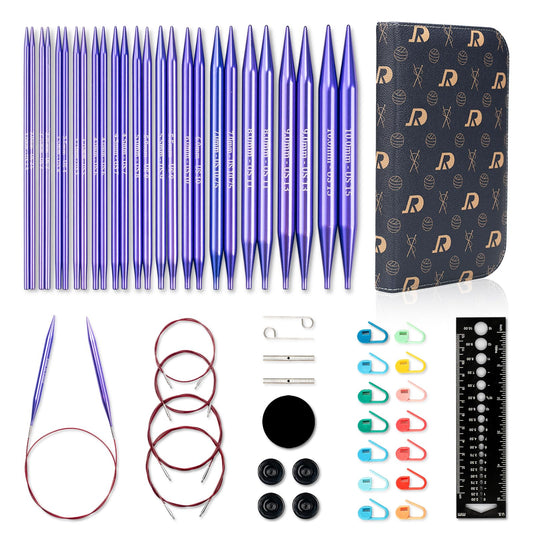 RUIDI Circular Knitting Needles Set, 13 Sizes Long Aluminium Interchangeable Circular Knitting Needles Set with Case & Accessories, 5" (13cm) | (3.0mm to 10mm)