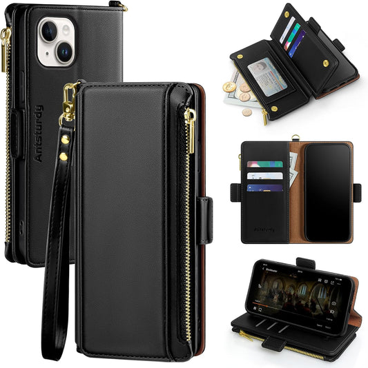 Antsturdy 15 15 6.1",(Black) Compatible with iPhone Wallet Case Card HolderRFID Blocking PU Leather Phone Case Women