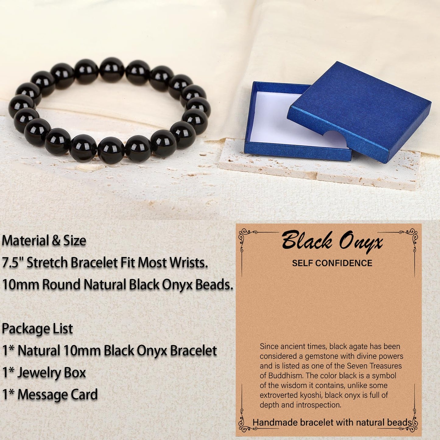 LPBeads Handmade Natural Gemstone Stretch Elastic 10mm Black Onyx Bracelet Healing Crystal Round Stone Beads Jewelry Gifts for Women Men