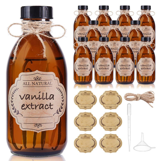 12 Pack, 8 OZ Amber Glass Bottles with Caps Leakproof Refilllable Empty Brown Boston Sample Dispensing Bottles for Homemade Vanilla Extract, Essential Oils, Potion, Juice, Ginger Shots, Liquids