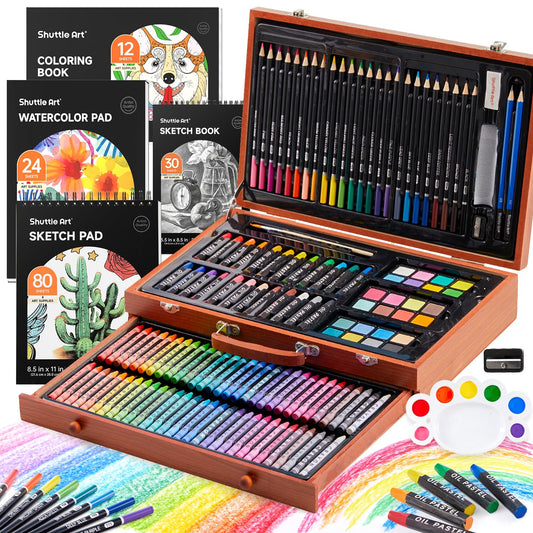 Shuttle Art 149 Piece Deluxe Art Set, Art Supplies in Wooden Case, Painting Drawing Art Kit with Crayons Colored Pencils Oil Pastels Watercolor Cakes Coloring Book Sketch Pad for Kids Adults