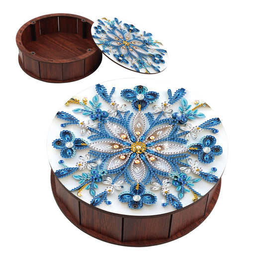 antor Mandala Snowflake Diamond Art Storage Box, Round Wooden DIY 5D Crystal Diamond Painting Desktop Ornament Organizer, Handmade Jewelry or Money Storage Box, Home Office Decor Crafts Gifts