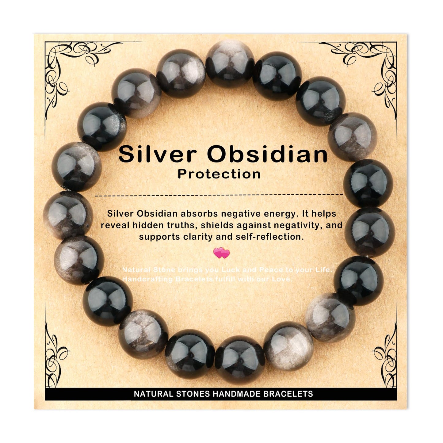 AD Beads 10mm Handmade Silver Obsidian Elastic Bracelet – Natural Gemstone for Protection – Meditation, Yoga, Healing and Energy Gift for Men Women
