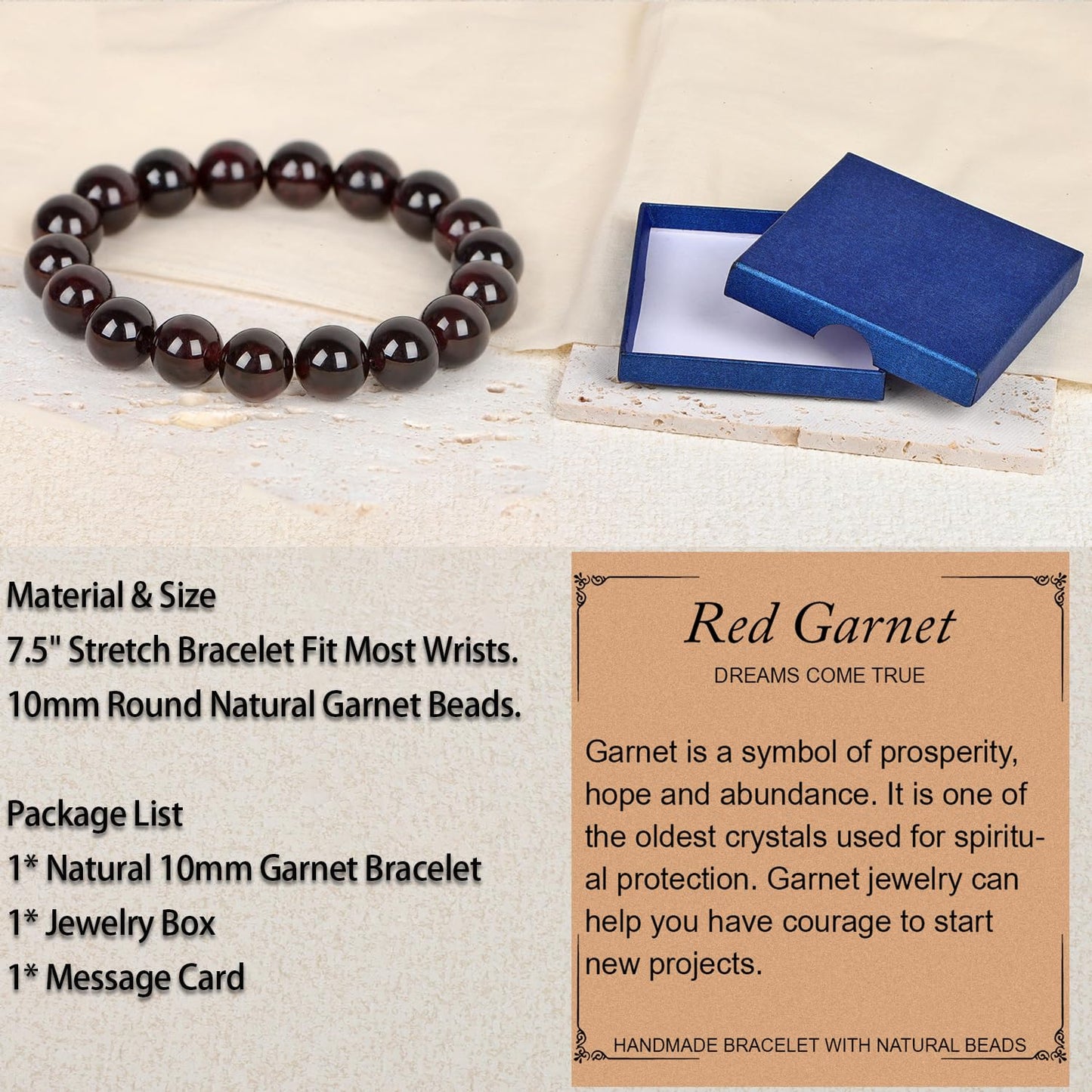 LPBeads Handmade Natural Gemstone Stretch Elastic 10mm Garnet Bracelet Healing Crystal Round Stone Beads Jewelry Gifts for Women Men