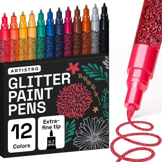 ARTISTRO 12 Glitter Paint Pens for Glass Marking, Rock Painting, Ceramic, Wood, Fabric, Scrapbooking, DIY Craft Making, Coloring - Acrylic Paint Markers Extra-Fine Tip 0.7mm