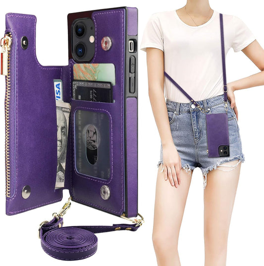 Bocasal 12/12 6.1 Inch(Purple) Crossbody Wallet Case for iPhone Pro with Card Holder,Zipper Card Slot Protector
