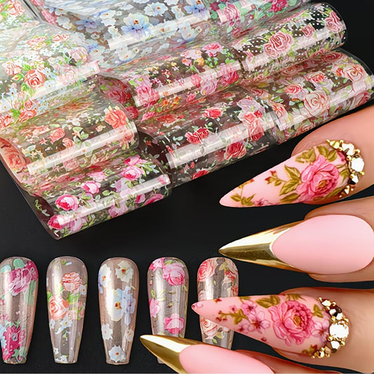 10 Sheets Rose Flower Nail Foils Transfer Nail Art, Spring Floral Nail Foil Transfer Stickers Colorful Flowers Nail Art Supplies Decals Summer Nail Transfer Foil for Women DIY Manicure Decorations