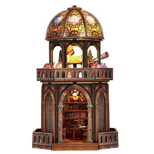 TOYQI Book Nook Mini House Kit, DIY Miniature Dollhouse Booknook for Adults, 3D Wooden Puzzle Bookend Bookshelf Insert Decor, Tiny Stargazing Tower Observatory, Gift for Family and Friends