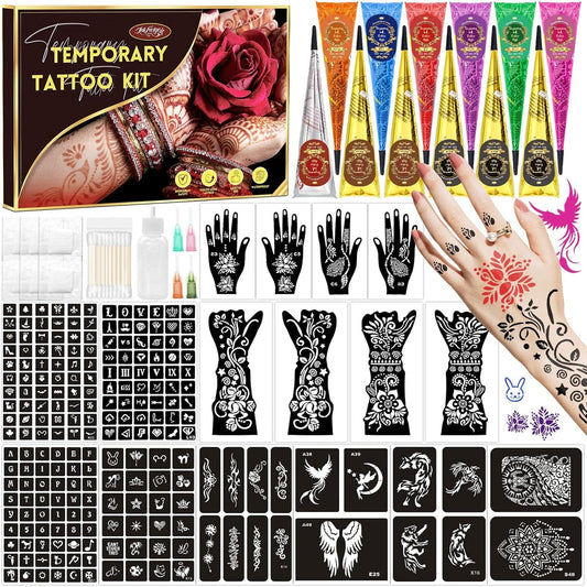 InkForge 217 PCS Temporary Tattoo Stencil Kit with 12 Tattoo Cones in 9 Colors,16 Sheet Designed Tattoos Pattern Templates for Valentine, Body Art DIY Skin Painting Gifts Set for Party Festival