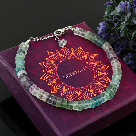 CRYSTALIS Natural Fluorite Beaded Bracelet, Facet Wheels, Elegant Beads Crystal, Chakra Bracelet, Healing Bracelet, Gemstone Jewelry, 925 Sterling Silver 8 inch