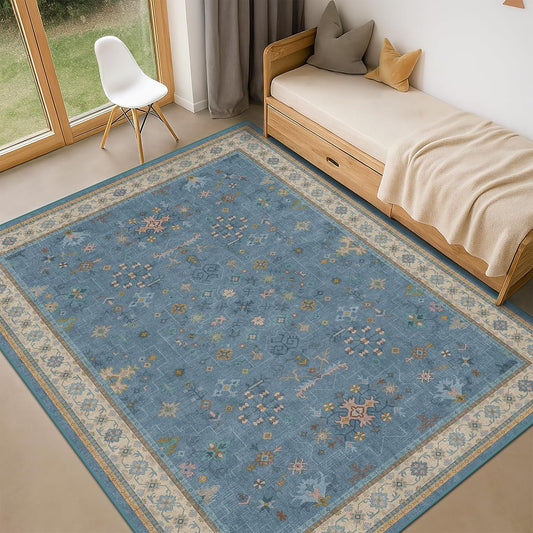 Skiennix Washable 5x7 Blue Kids Room Rug - Colorful Boho Low-Pile Carpet with Non-Slip Back