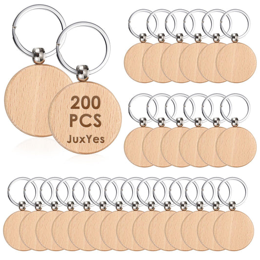 JUXYES 200 PCS Unfinished Wooden Keychain Blanks for Engraving, Wood Engraving Blanks Key Chain, DIY Round Wood Keychain Tags Unfinished Wooden Key Ring Key Tag, 40mm