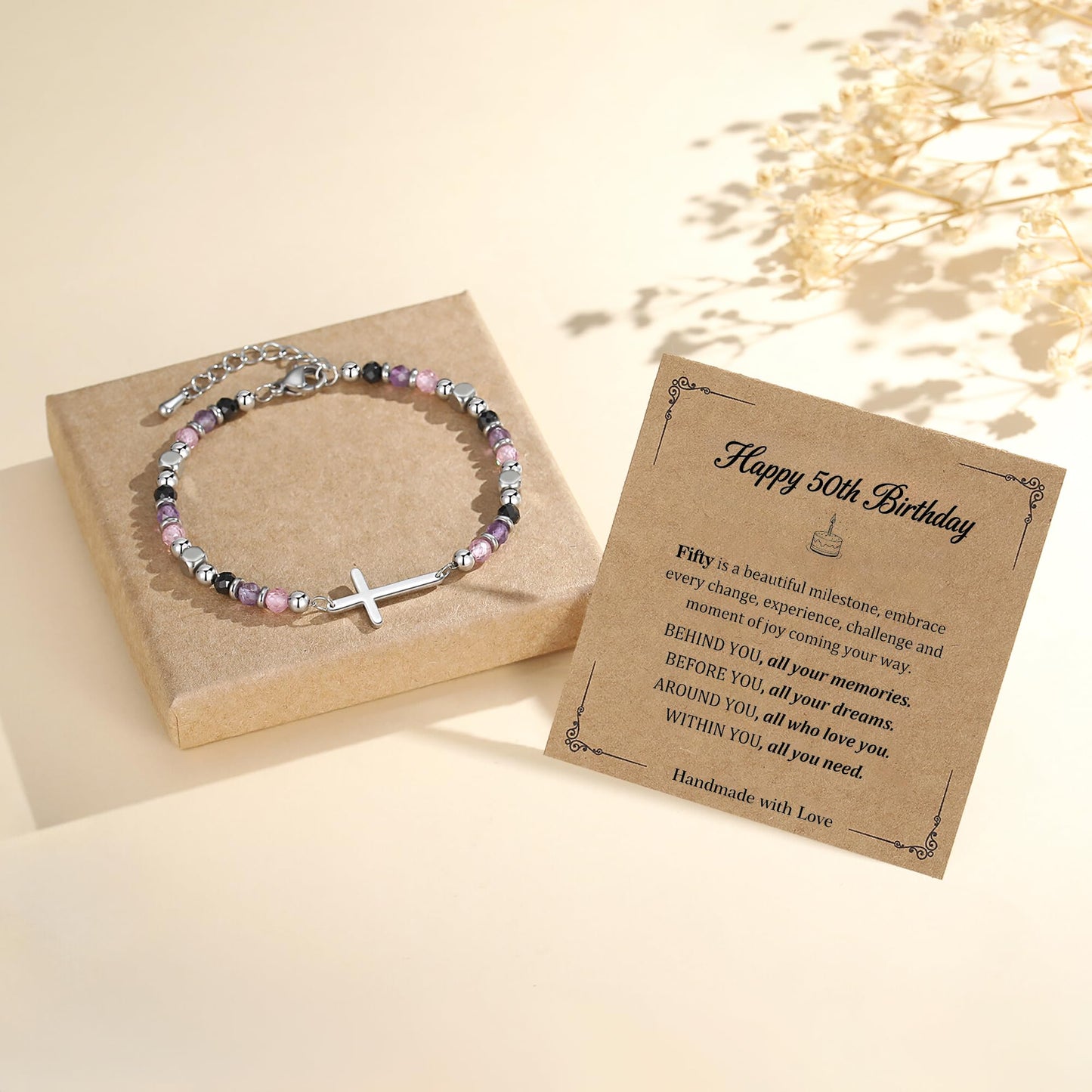 50th Birthday Gift for Her, 50th Birthday Decorations for Women, Dainty Christian Cross Bracelet – Adjustable Anxiety Relief Friendship Jewelry for Friend, Sister, Mom