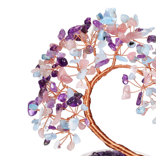 GEHECRST Healing Crystal Heart Tree Handmade Amethyst Rose Quartz Aquamarine Crystal Gemstone Money Tree Feng Shui Ornament for Home Office Desk Decor Gifts for Mom Women Christmas