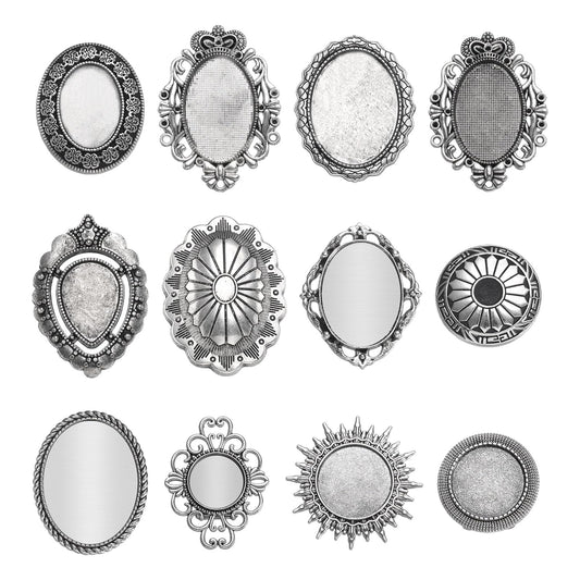 PATIKIL 9 Pcs Bolo Tie Buckle, 12 Styles Blank Bolo Tie Slides Clasp Accessories, Silver Tone Vintage Cabochon Settings Findings for Braided Leather DIY Craft Making, Style 3