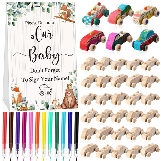 WinnerWhy Baby Shower Game Sign Kit Includes 32 Unfinished Wooden Car Blocks, 12 Markers, and a Prize Decoration Sign for Baby Shower(Animal) Bridal Party Gifts(Animal)