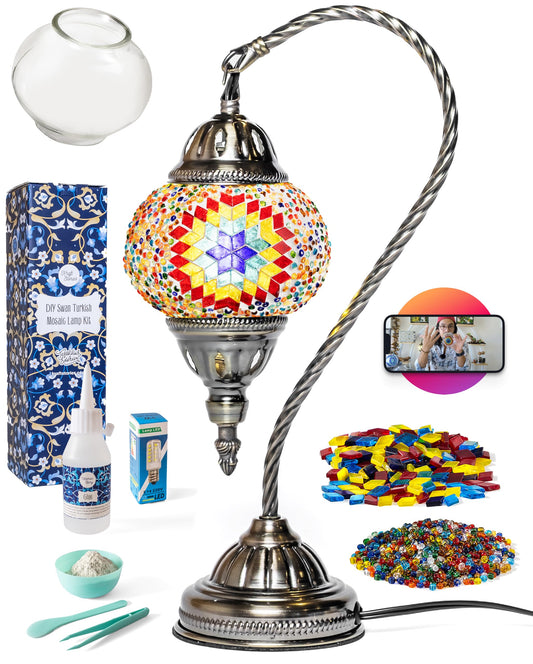 KRAFTSTORIES Turkish Mosaic Swan Neck Lamp Making Kit| DIY Colorful Glass Decorative Nightstand Table Light| Craft Kit |Make Your Own Lamp | Living Room Bedroom | Antique Bronze Base (Multicolor)