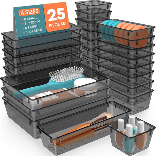 SpaceHacks 25 PCS Plastic Drawer Organizer Set - Versatile Tool Trays & Storage Bins for Makeup, Jewelry, Gadgets | Clear & Black