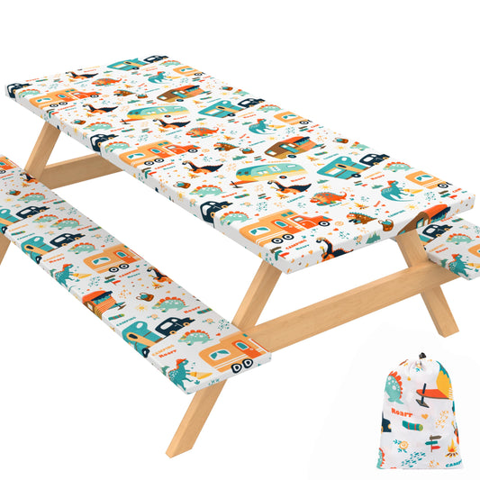 Jolly Camper 72 X 30 Inch Elastic Fitted Camping Table Cover with Bench Covers & Storage Bag, Picnic Tablecloth, Fits 6ft Picnic Tables, Polyester, Washable, Spill Resistant, Waterproof - Dino
