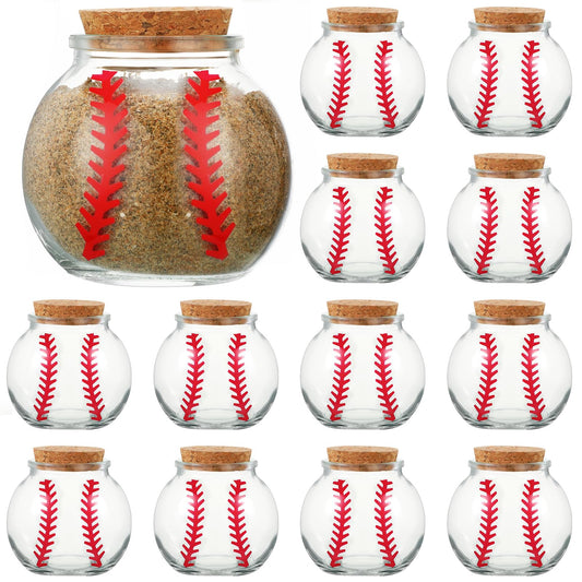 Funnymoom 12 Pcs Baseball Printed Round Jar 3.4 oz Mini Round Shaped Glass Jar with Cork Lid 2.56 x 2.56 Inch Decorative Glass Bottle for Baseball Team Coach Player Sport Party Favors Gift Decoration