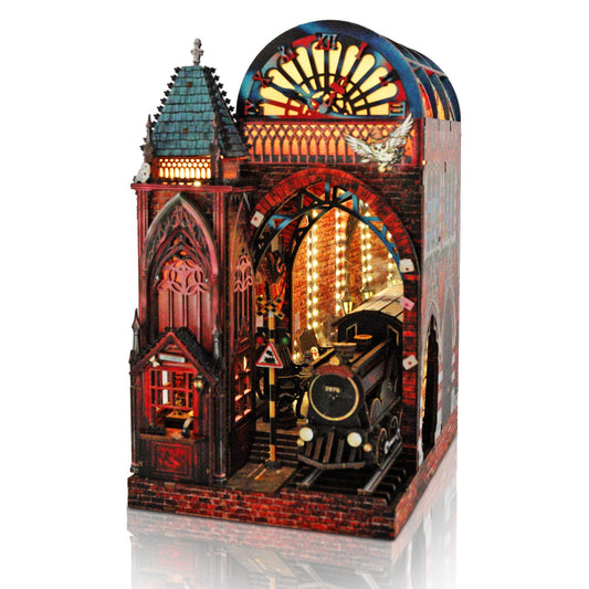 Magic Platform DIY Book Nook Kit Interactive 3D Wood Puzzle LED Magical Miniature with Infinite Mirror Extension Space DIY Bookshelf Insert Decor Gifts Miniature House Magic Express Diorama Scenery
