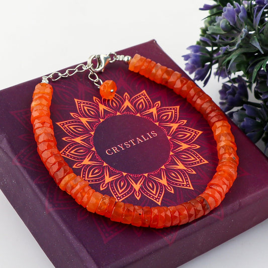 CRYSTALIS Natural Carnelian Beaded Bracelet, Facet Wheels, Elegant Beads Crystal, Chakra Bracelet, Healing Bracelet, Gemstone Jewelry, 925 Sterling Silver 8 inch