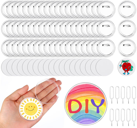 100 Pcs Acrylic Clear Buttons with 100 Paper 10 SIM Card Removal Tool Make Your Own Buttons with Pin Clear Button Pins Acrylic Design Button Badge for DIY Craft School Activities (2.36 in)
