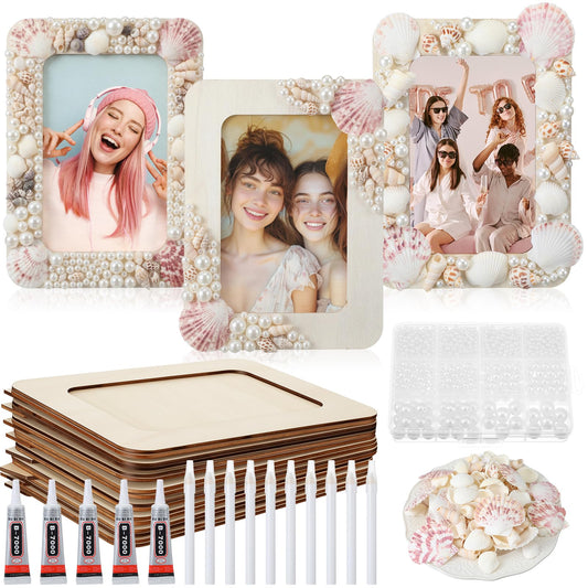Yousoontic 10 Sets DIY Picture Frame Craft Kit for 4" x 6" Photos Unfinished Wooden Craft Photo Frames with Shells Pearls and DIY Tools Set Art Gift for Friends Family Summer Party Decoration