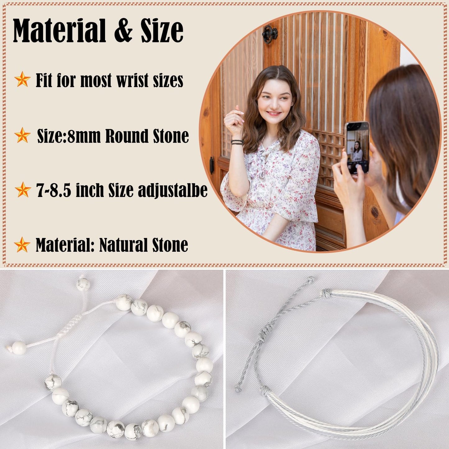 LPBeads 8mm White Howlite Bracelet with Handmade Rope Bracelet Size Adjustable Natural Stone Crystal Healing Bracelets Gifts for Unisex Adults