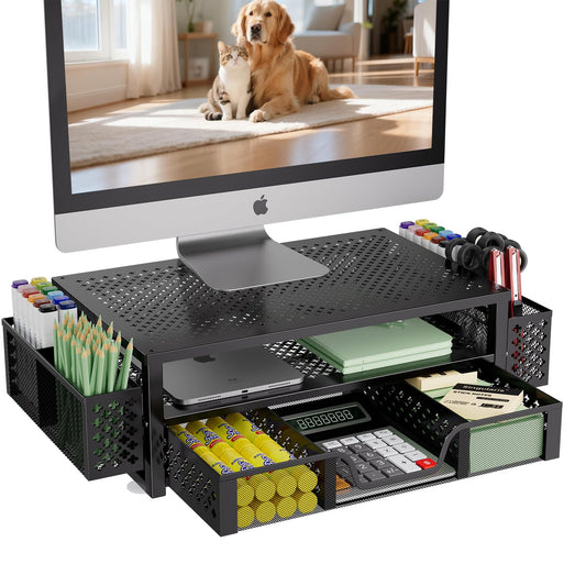 Simple Trending Desk Organizer and Accessories, 2 Tier Computer Metal Monitor Stand Riser with Drawer and Pen Holder for Laptop, Computer, iMac, Black