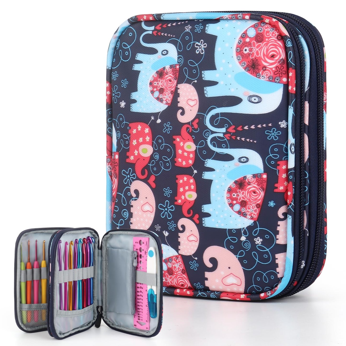 Katech Portable Travel Crochet Storage Bag Organizer with Zipper, Web Pocket and Crochet Holder Slots for Knitting Accessories (Elephant Pattern)